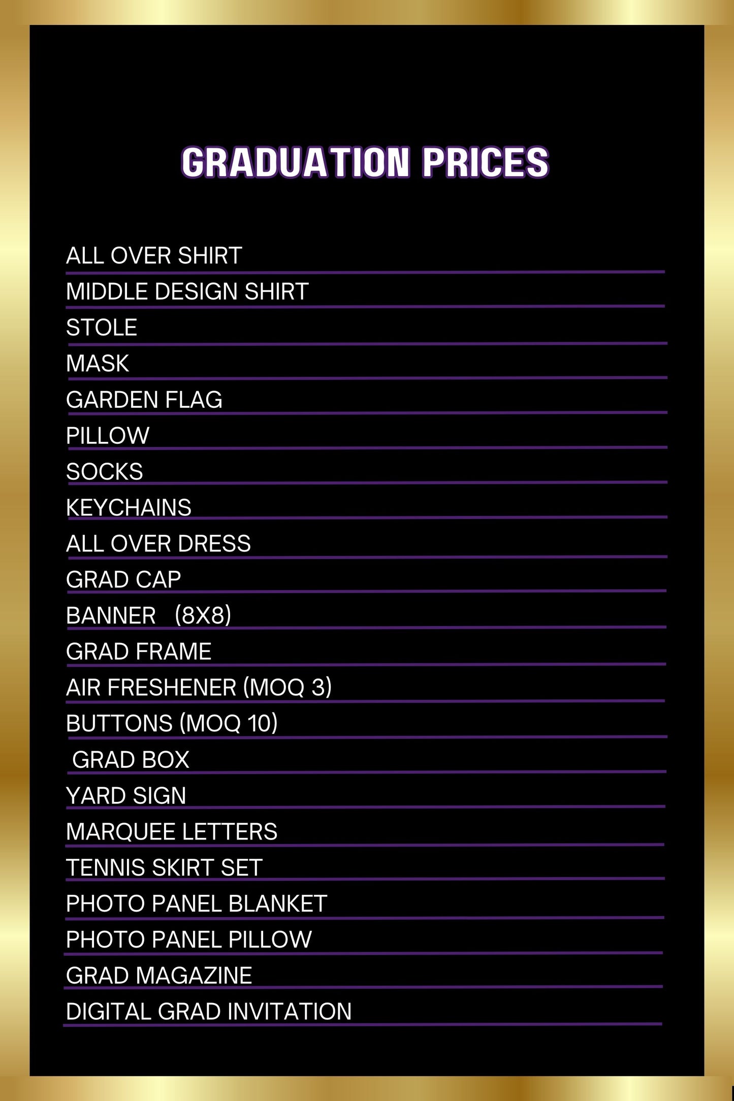 Graduation Product Price List